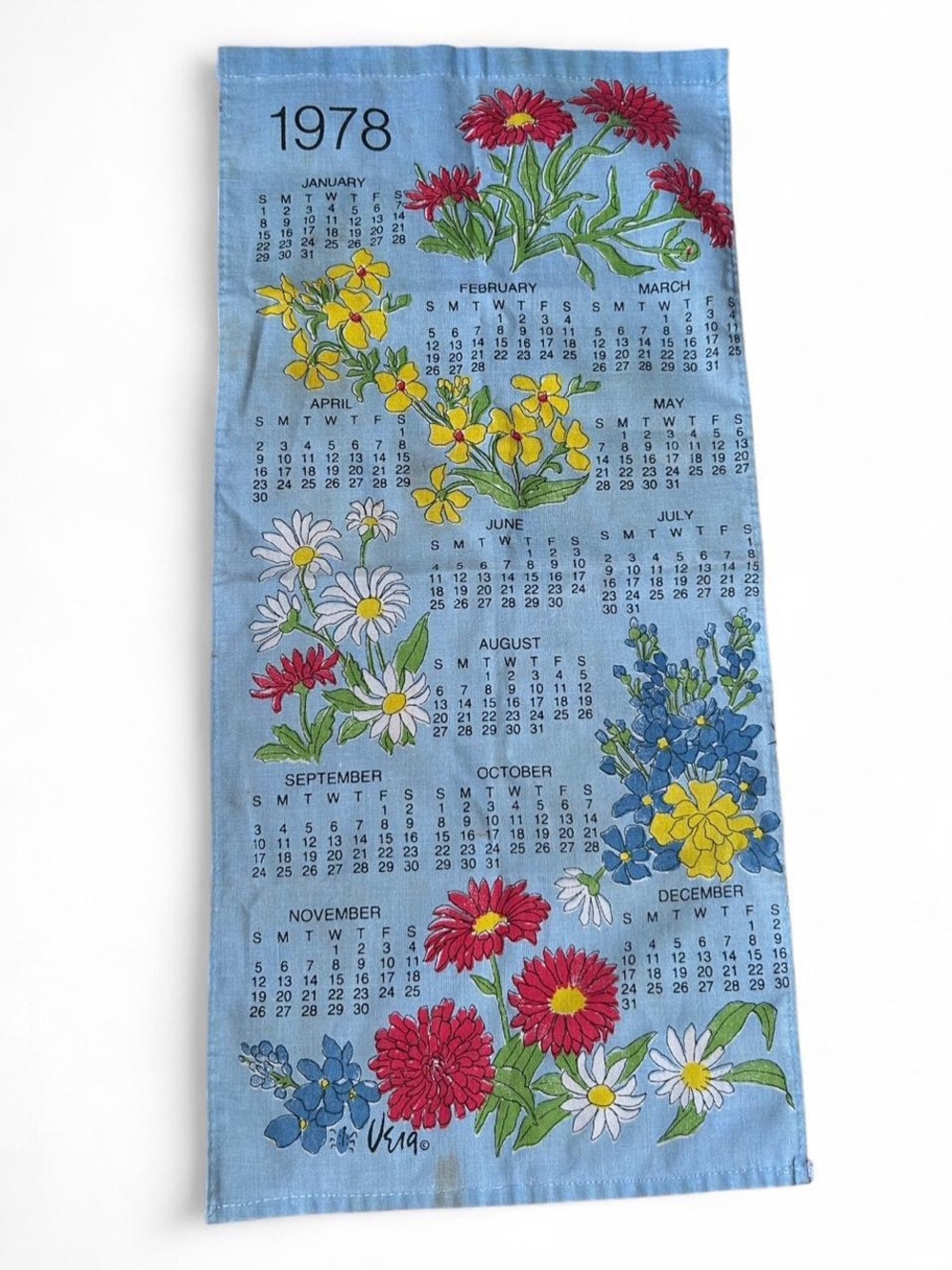 Vintage Vera Neumann 1978 Floral Calendar Linen Tea Towel Signed Cottagecore